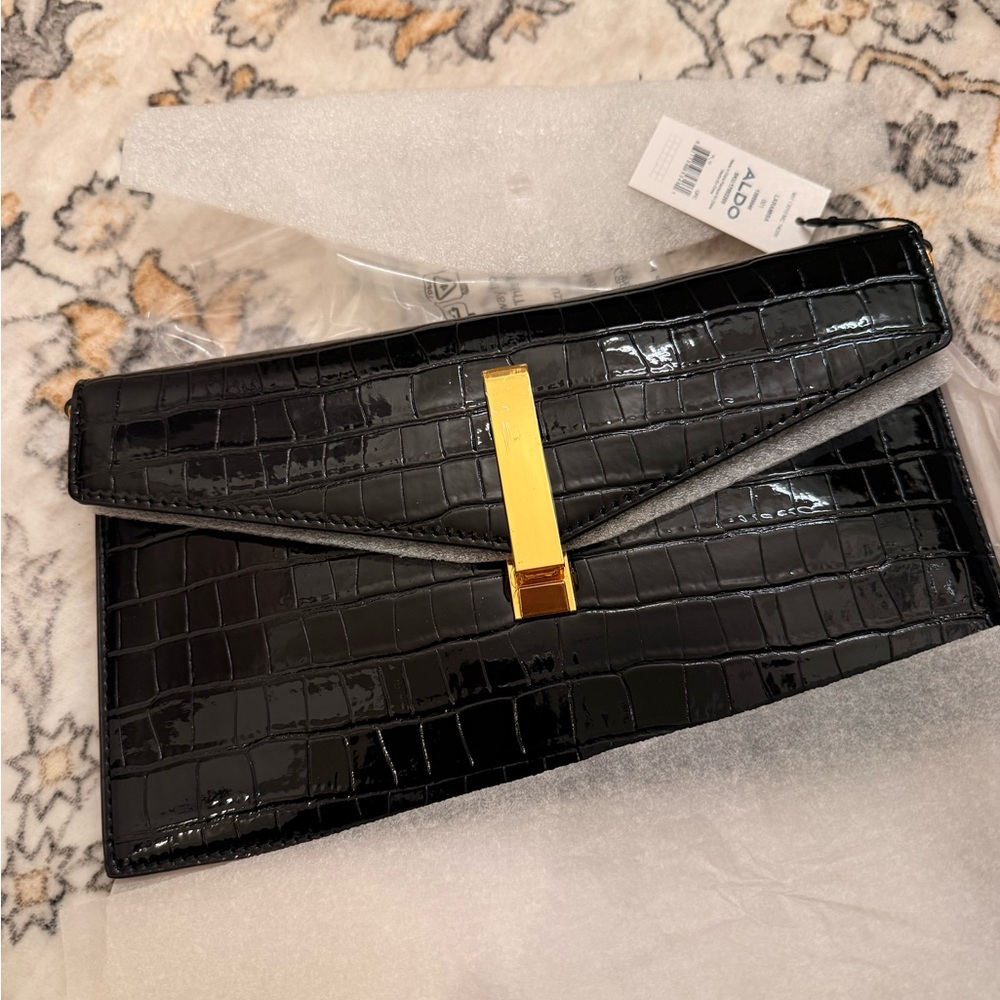 Aldo Black Crocodile-Embossed Clutch with Gold Detail